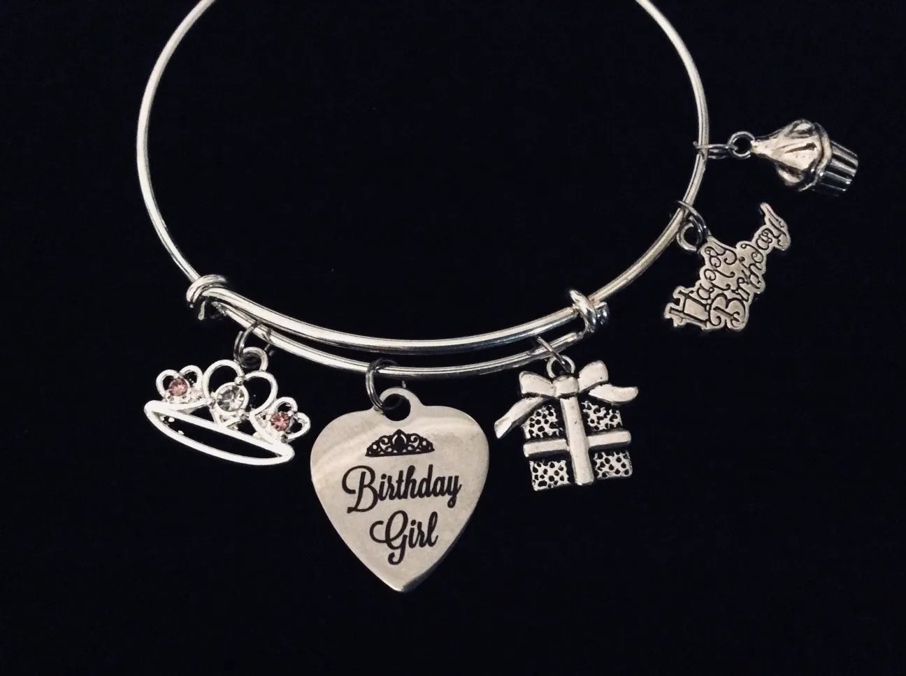 Happy Birthday Girl Expandable Charm Bracelet Silver Adjustable Bangle Trendy One Size Fits All Gift Princess Tiara Present Cupcake
