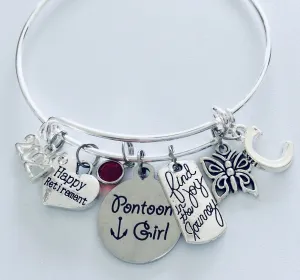 Happy Retirement Pontoon Girl Find Joy in the Journey Expandable Silver Charm Bracelet