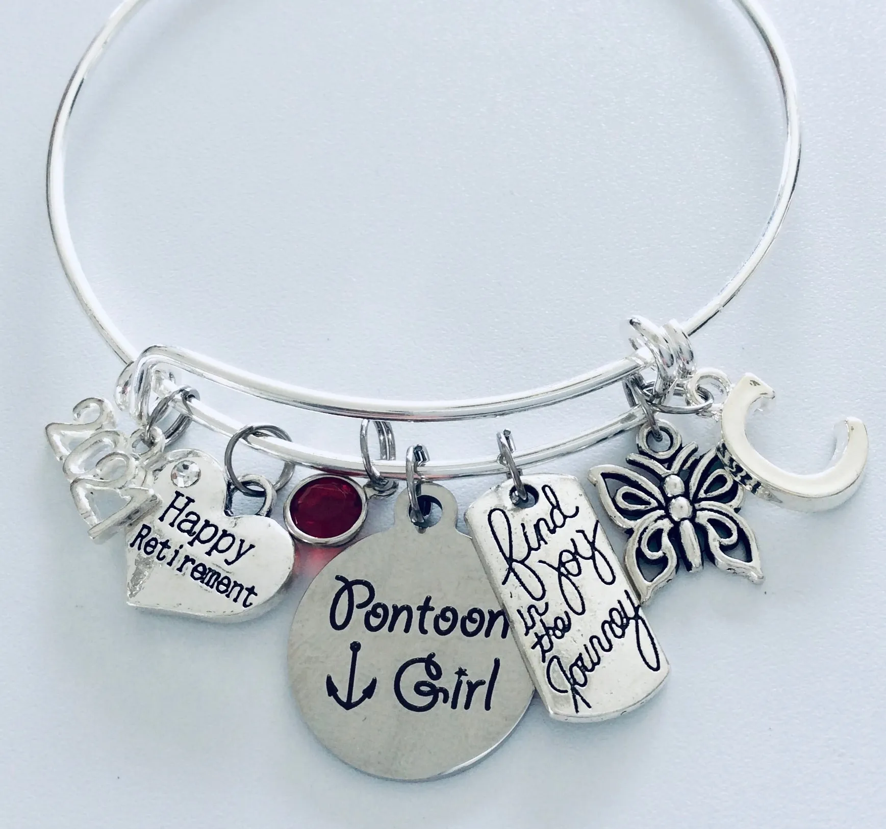 Happy Retirement Pontoon Girl Find Joy in the Journey Expandable Silver Charm Bracelet