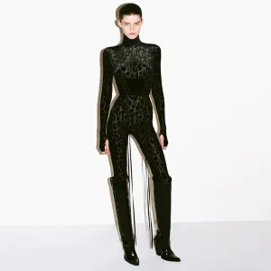 High Neck Long Sleeve Patterned Bodycon Jumpsuit