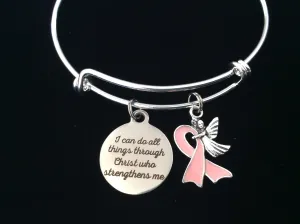 I Can Do All Things Through Christ Who Strengthens Me Guardian Angel Pink Awareness Ribbon Expandable Charm Bracelet Adjustable One Size Fits All