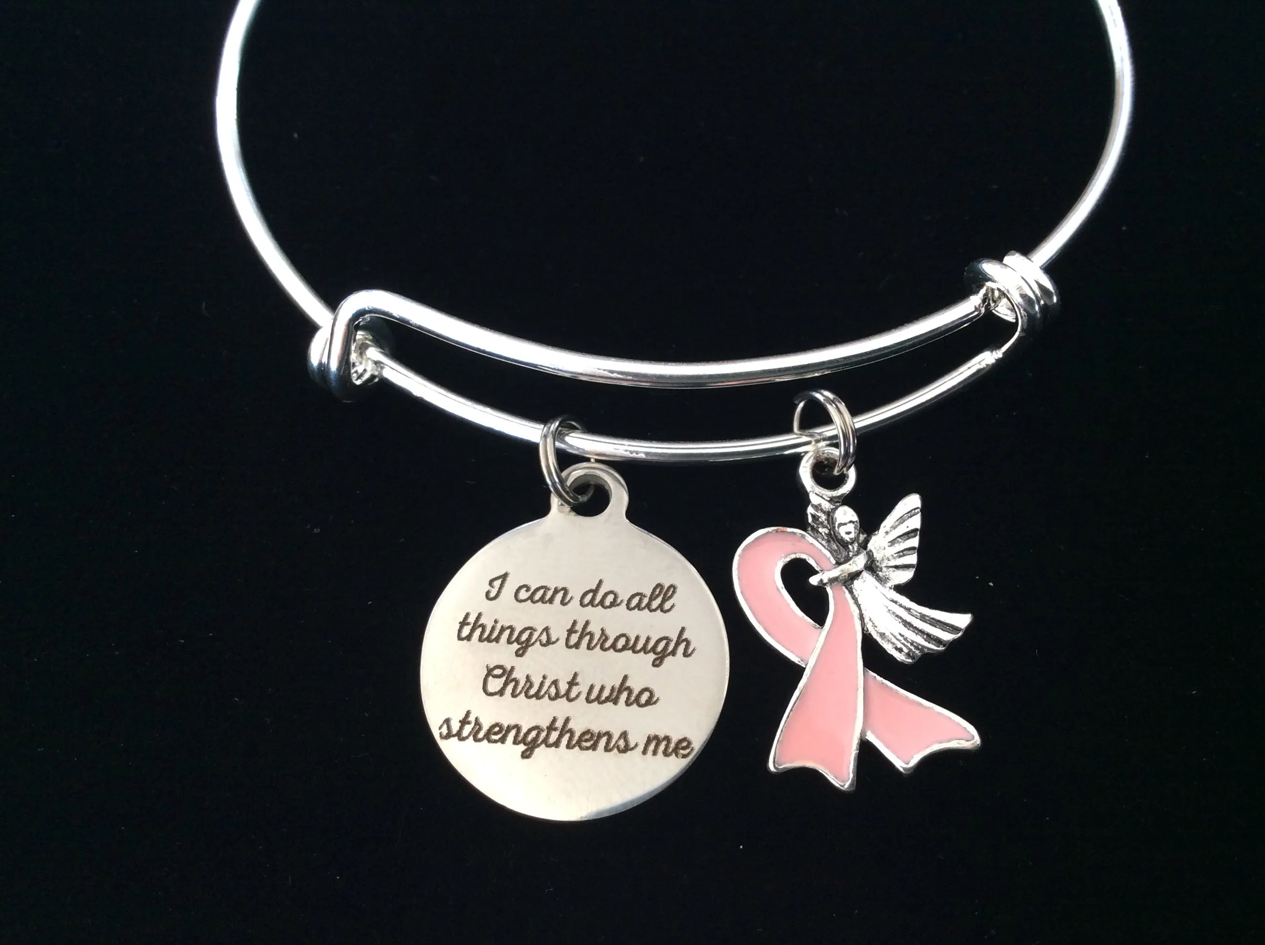I Can Do All Things Through Christ Who Strengthens Me Guardian Angel Pink Awareness Ribbon Expandable Charm Bracelet Adjustable One Size Fits All