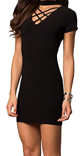 Juniors Cage Front Short Sleeve Party Dress with Choker Neckline