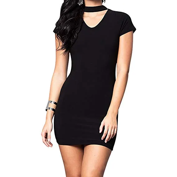 Juniors V-Neck Party Dress With Choker Neckline