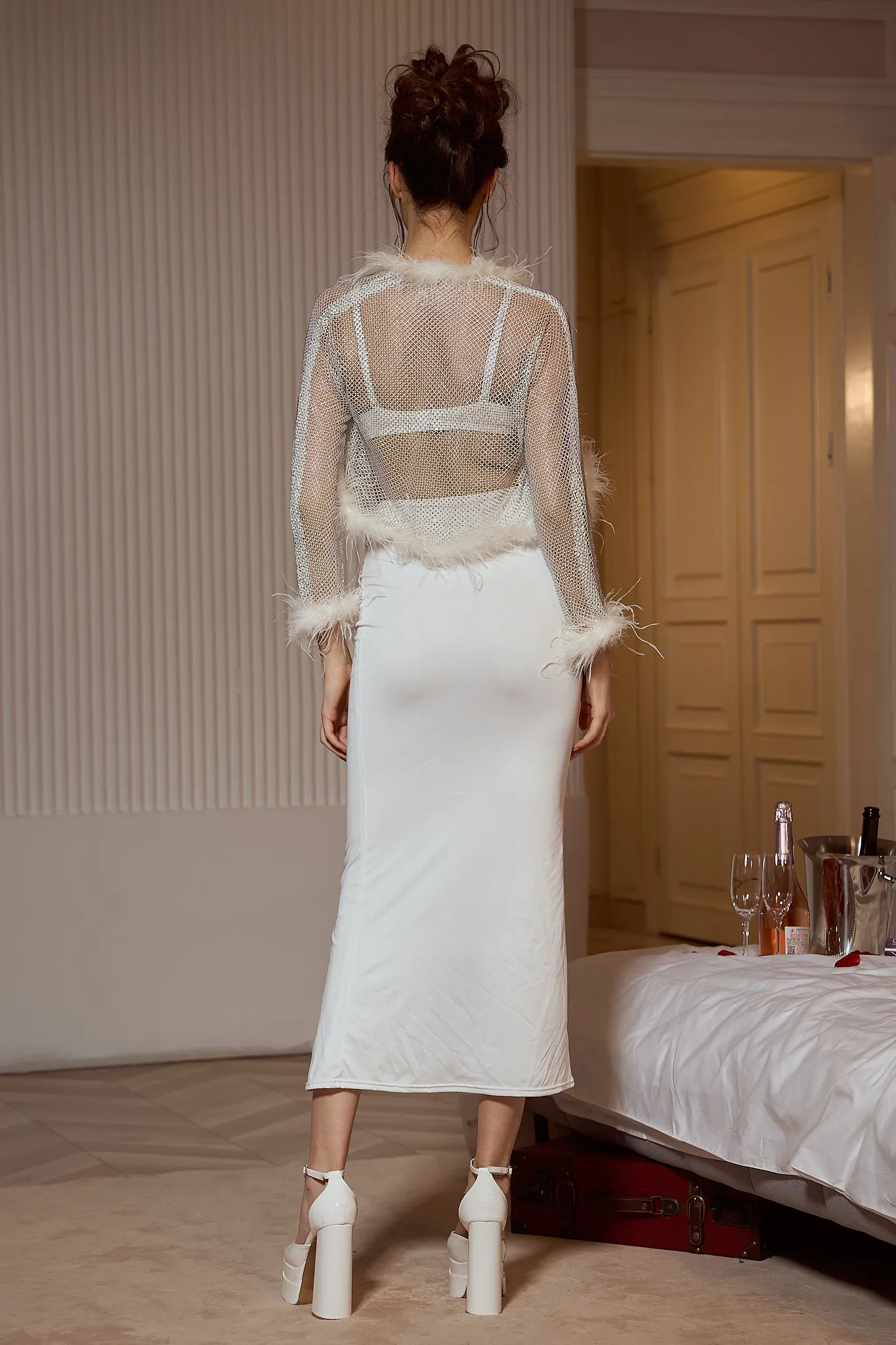 Katarina Sheer White Feather Collar Jacket