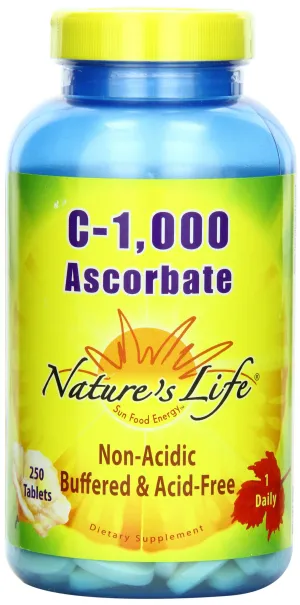 La vida de la naturaleza C Ascorbate Tablets, 1000 mg, 250 Count