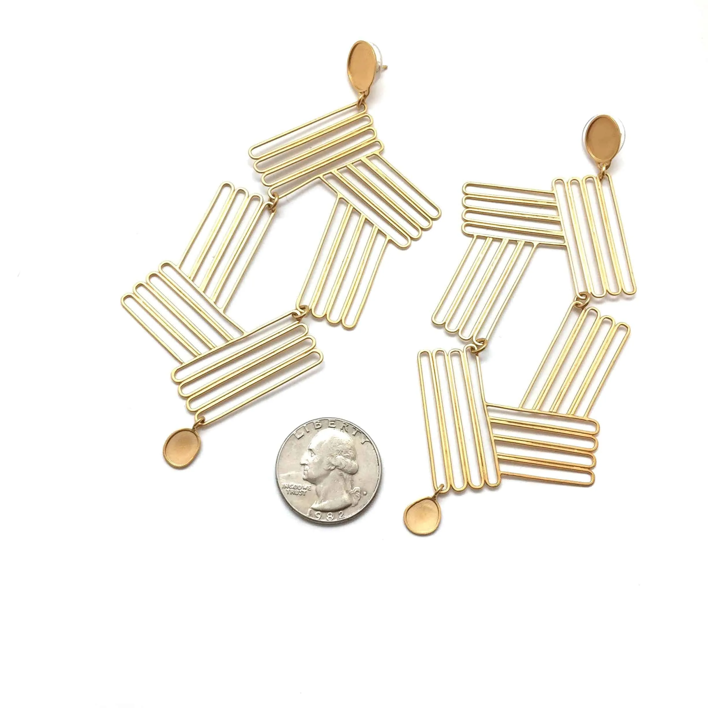 Large Gold Deco Earrings W/Hinge