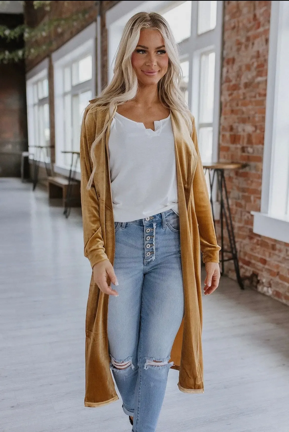 Long Velvet Cardigan- Gold/Mustard