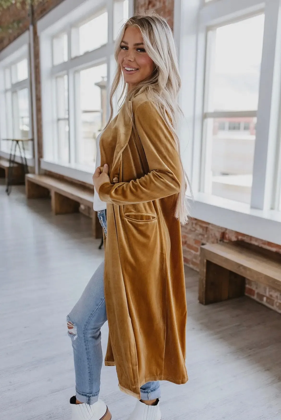 Long Velvet Cardigan- Gold/Mustard