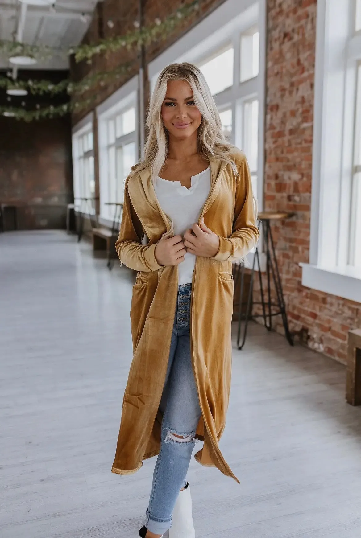 Long Velvet Cardigan- Gold/Mustard