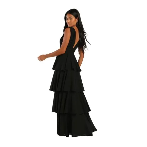 LULUS Amazing Evening Black Tiered Sleeveless V-neck Maxi Dress-Size S