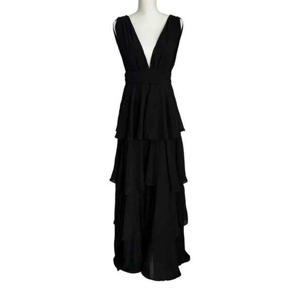 LULUS Amazing Evening Black Tiered Sleeveless V-neck Maxi Dress-Size S