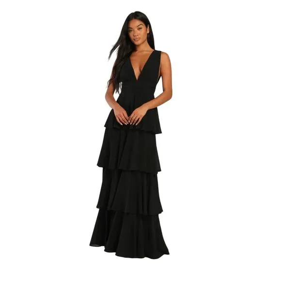 LULUS Amazing Evening Black Tiered Sleeveless V-neck Maxi Dress-Size S