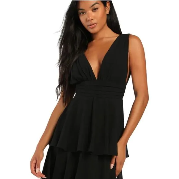 LULUS Amazing Evening Black Tiered Sleeveless V-neck Maxi Dress-Size S
