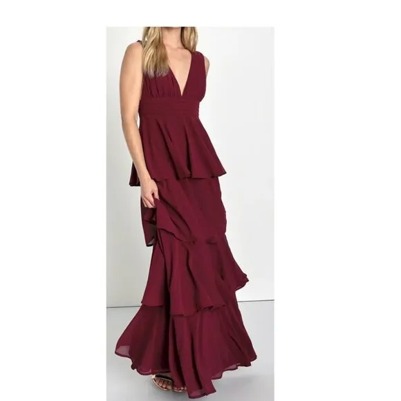 Lulus Black Amazing Evening Burgundy Tiered Maxi Dress Size XS NWOT