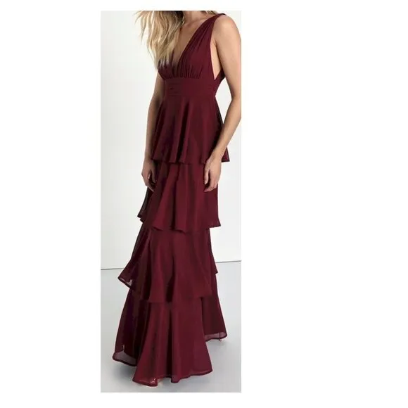 Lulus Black Amazing Evening Burgundy Tiered Maxi Dress Size XS NWOT