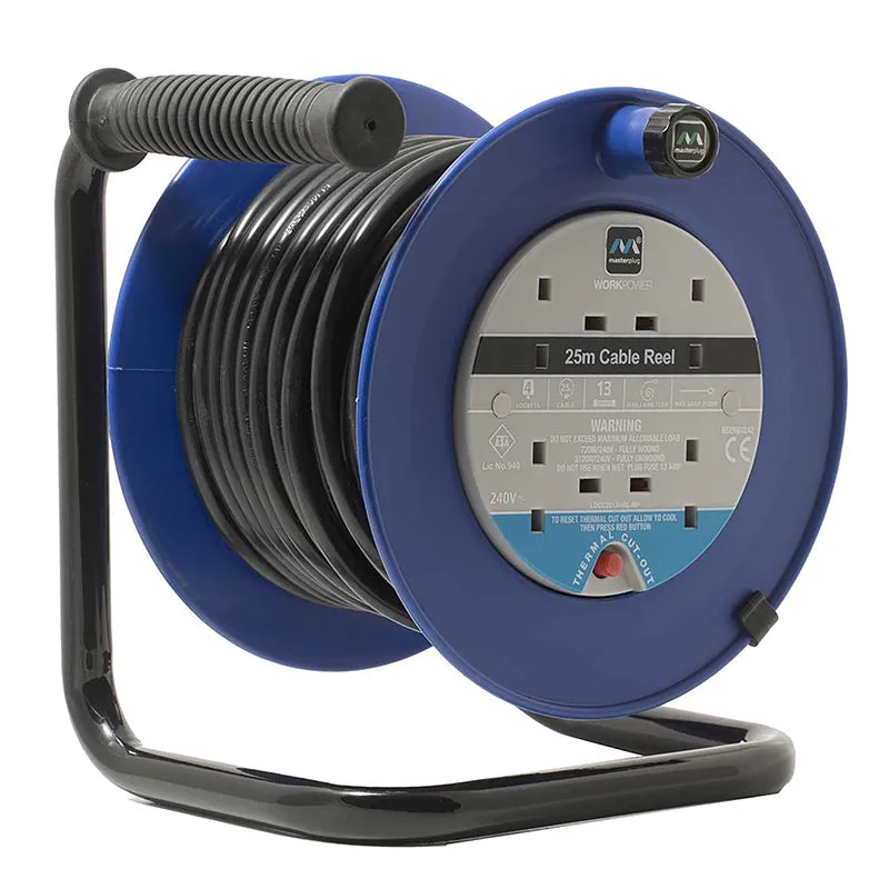 Masterplug LDCC2513/4BLRCD 4 Socket 25m 13A Medium Open Reel with RCD - Blue