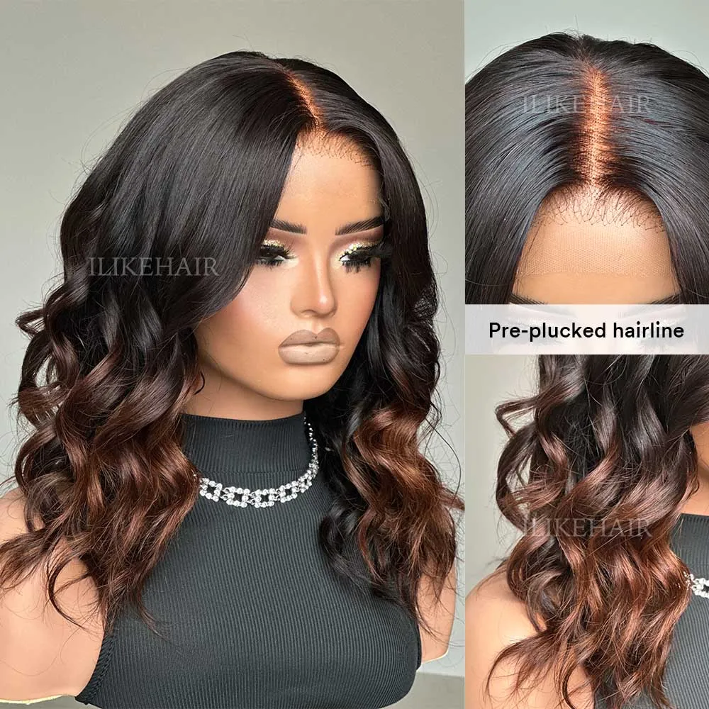 Medium Length Ombre Brown Wavy 5x5 Lace Closure Wig