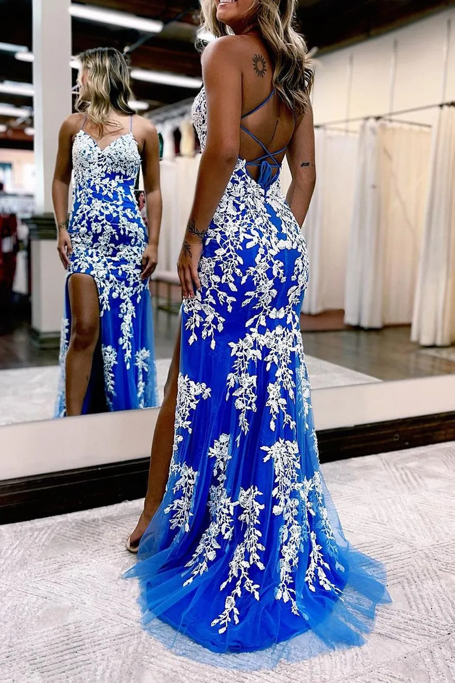 Mermaid V-Neck Prom Dress with Slit Appliques Tulle Evening Party Gown