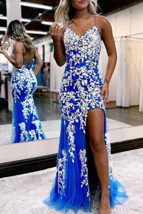 Mermaid V-Neck Prom Dress with Slit Appliques Tulle Evening Party Gown