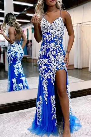 Mermaid V-Neck Prom Dress with Slit Appliques Tulle Evening Party Gown