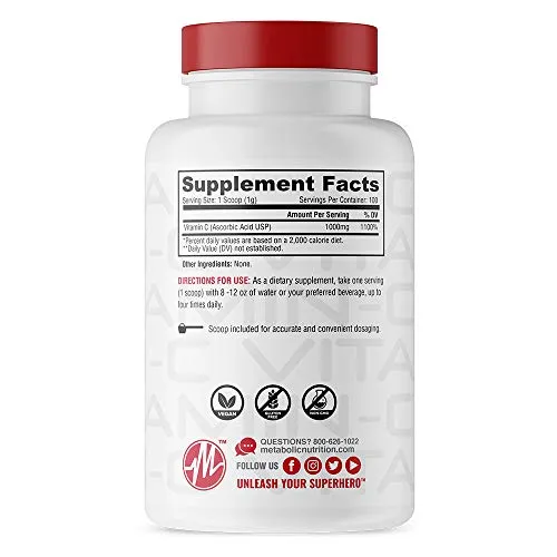 Metabolic Nutrition Vitamina C, 1000 mg, grado de farmacia puro, ácido ascórbico de alta absorción, 1
