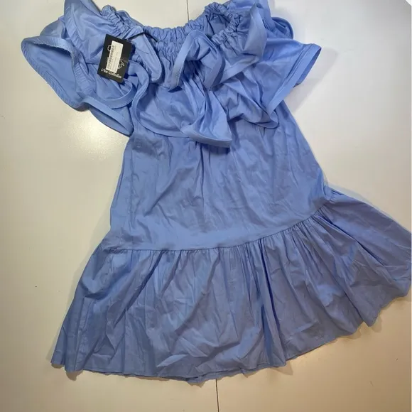New Collection Light Blue Cotton Lightweight Extreme Ruffle Bardot Dress NWT M