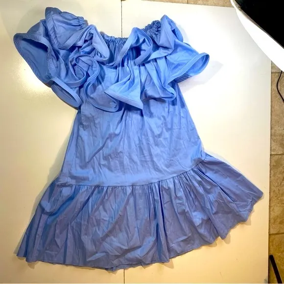 New Collection Light Blue Cotton Lightweight Extreme Ruffle Bardot Dress NWT M