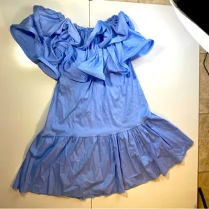 New Collection Light Blue Cotton Lightweight Extreme Ruffle Bardot Dress NWT M