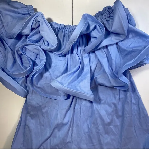 New Collection Light Blue Cotton Lightweight Extreme Ruffle Bardot Dress NWT M