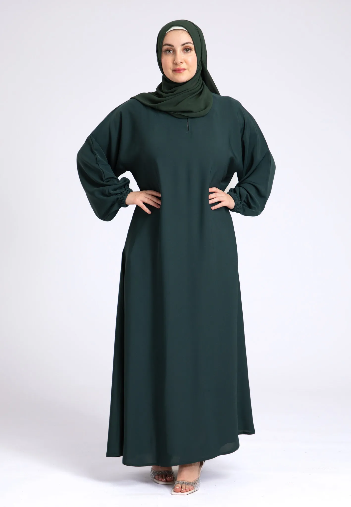 Petrol Green Closed Abaya with Zip Pockets & Cuff Sleeves