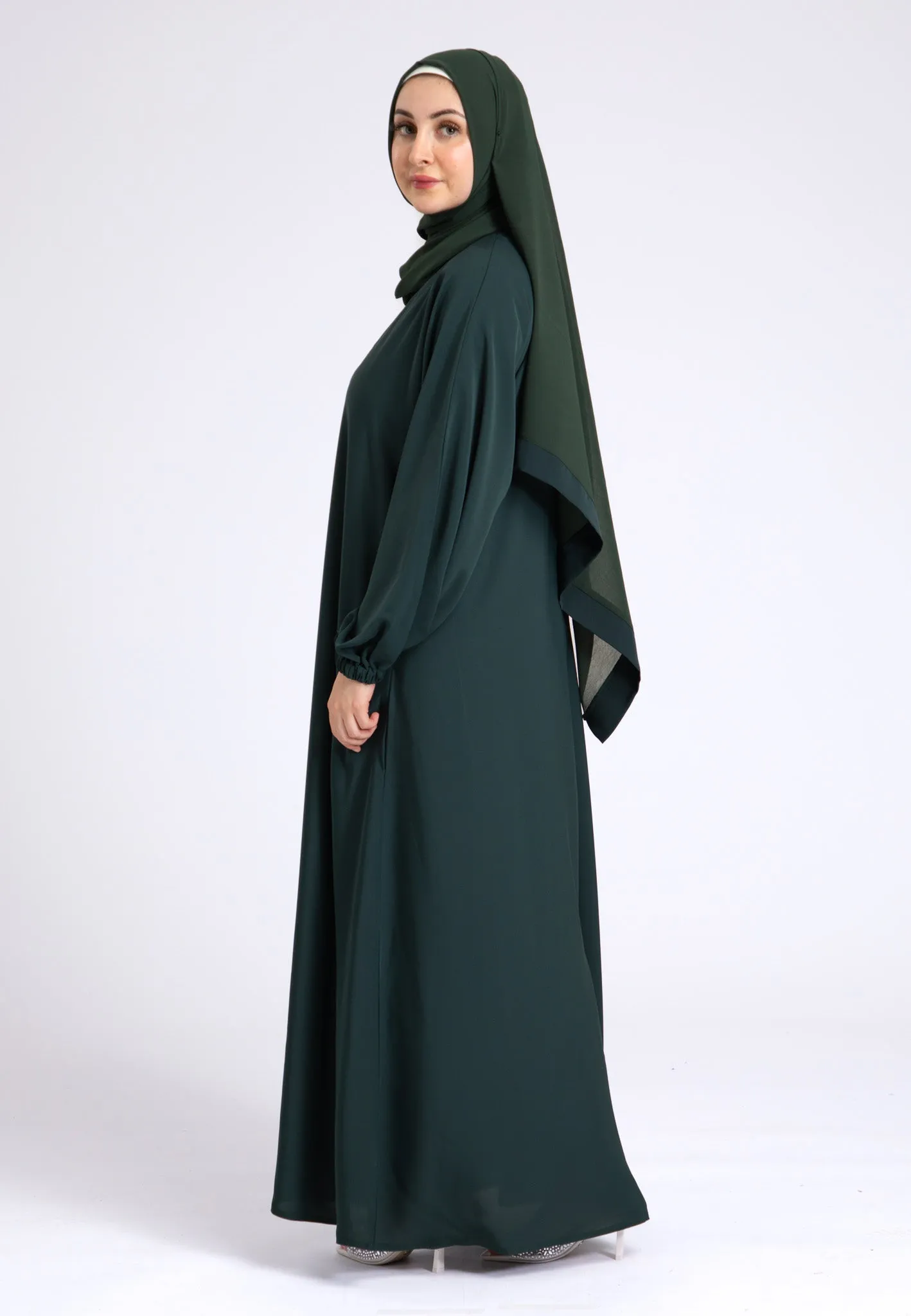 Petrol Green Closed Abaya with Zip Pockets & Cuff Sleeves