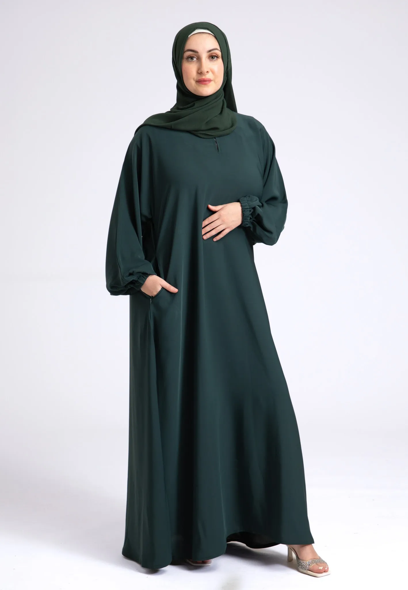 Petrol Green Closed Abaya with Zip Pockets & Cuff Sleeves