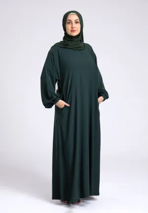 Petrol Green Closed Abaya with Zip Pockets & Cuff Sleeves
