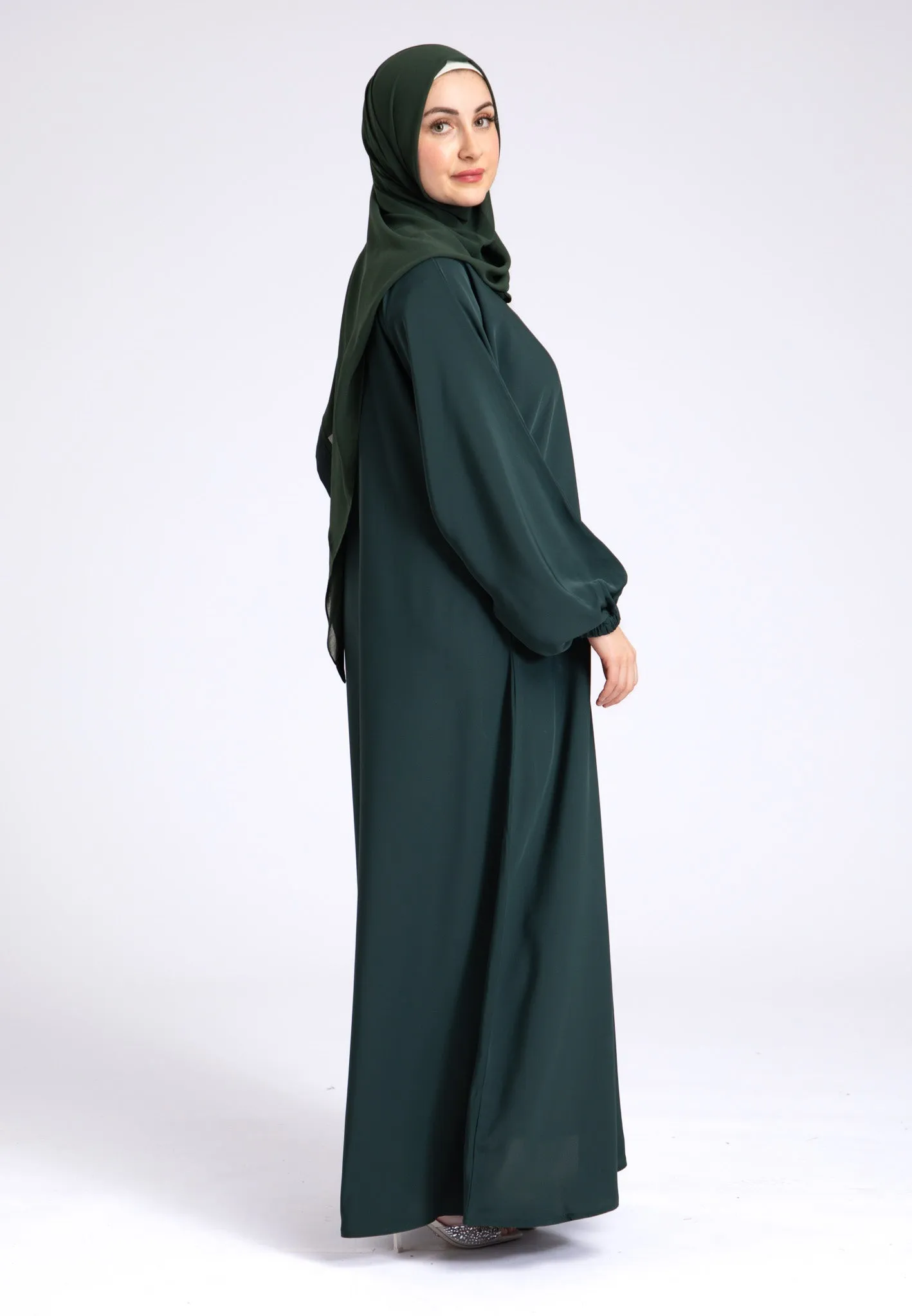 Petrol Green Closed Abaya with Zip Pockets & Cuff Sleeves