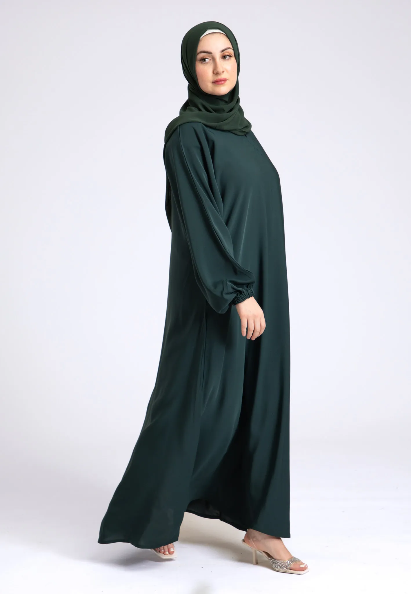 Petrol Green Closed Abaya with Zip Pockets & Cuff Sleeves