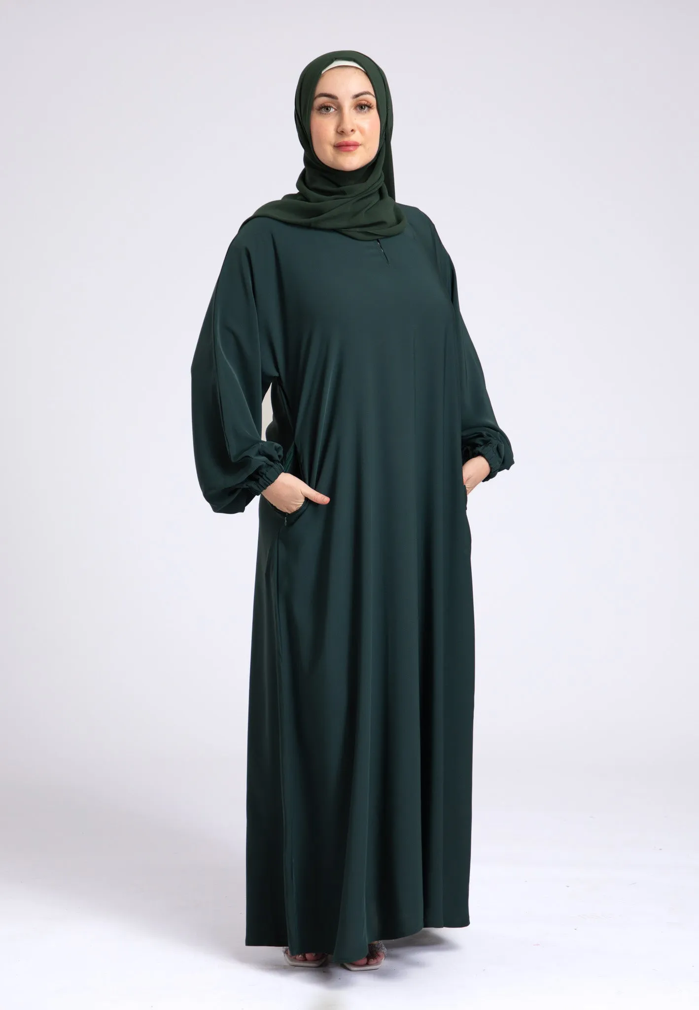 Petrol Green Closed Abaya with Zip Pockets & Cuff Sleeves