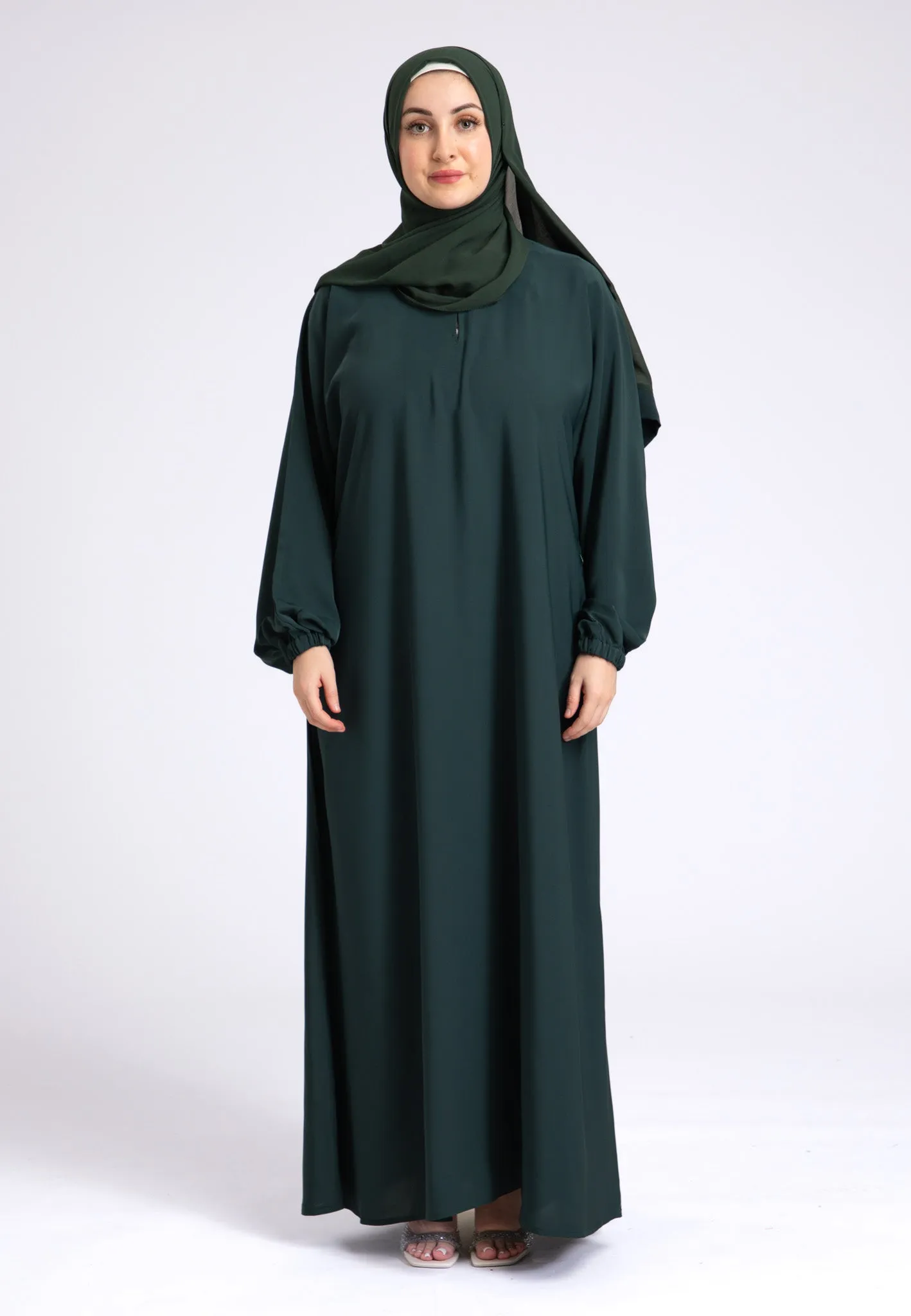 Petrol Green Closed Abaya with Zip Pockets & Cuff Sleeves