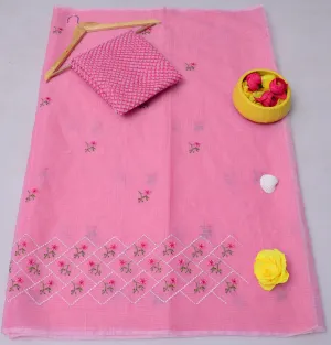 Pink Kota Doria Embroidery Work Saree