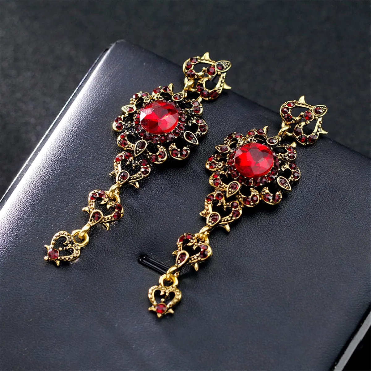 Red Crystal & Cubic Zirconia Flower Heart Drop Earrings
