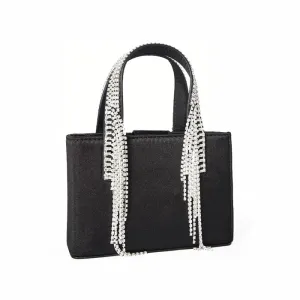 Rhinestone Fringe Handle Bag- Black