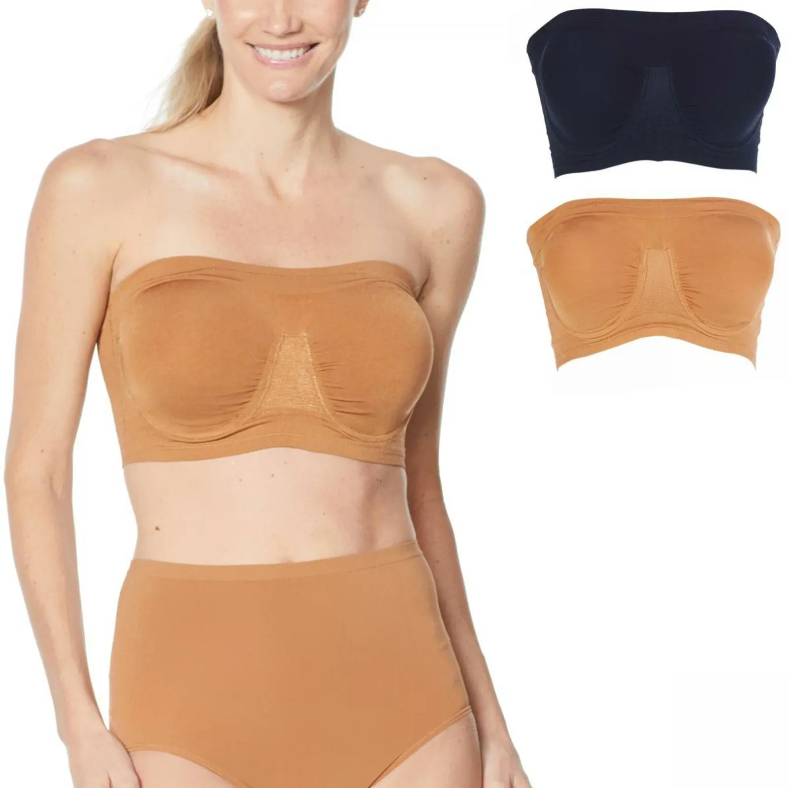 Rhonda Shear 2 Pack Underwire Bandeau Bra Removable Pads Black/ Caramel Large