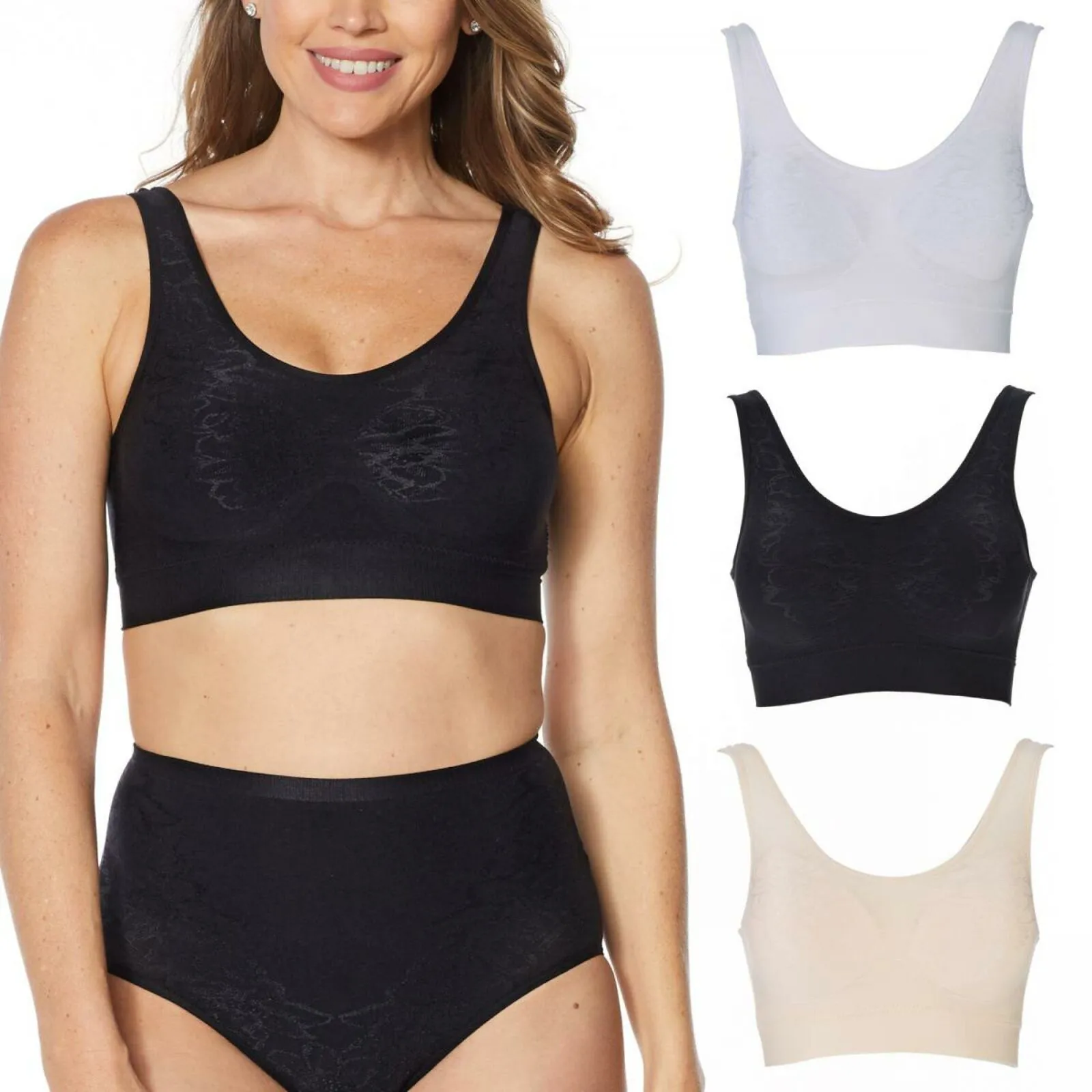 Rhonda Shear 3 Pack Jacquard Ahh Bras With Removable Pads Neutrals Plus 1X