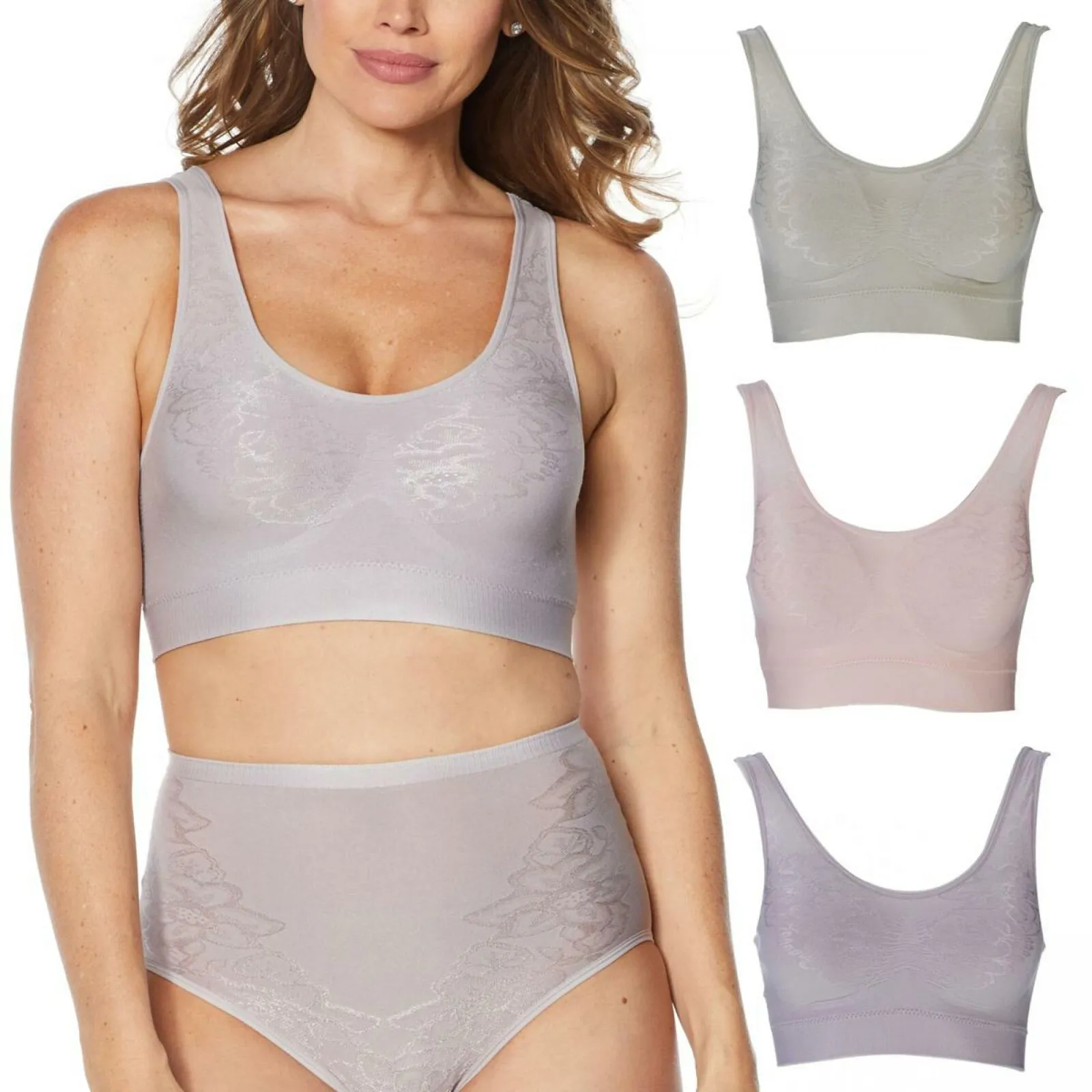Rhonda Shear 3 Pack Jacquard Ahh Bras With Removable Pads Pastels Large