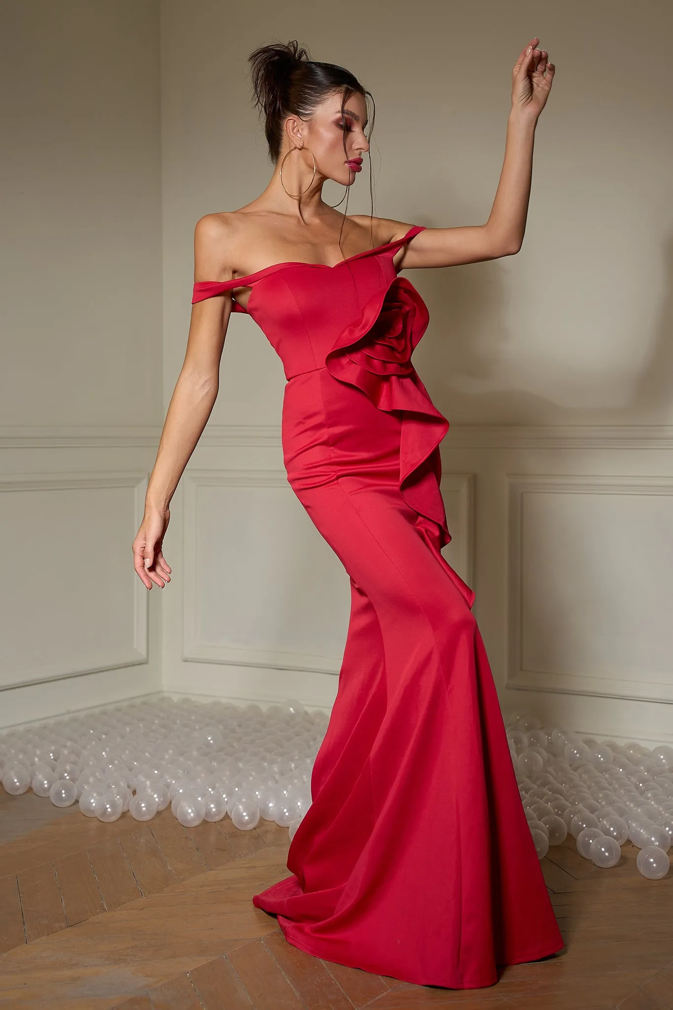 Rosette Off Shoulder Mermaid Dress