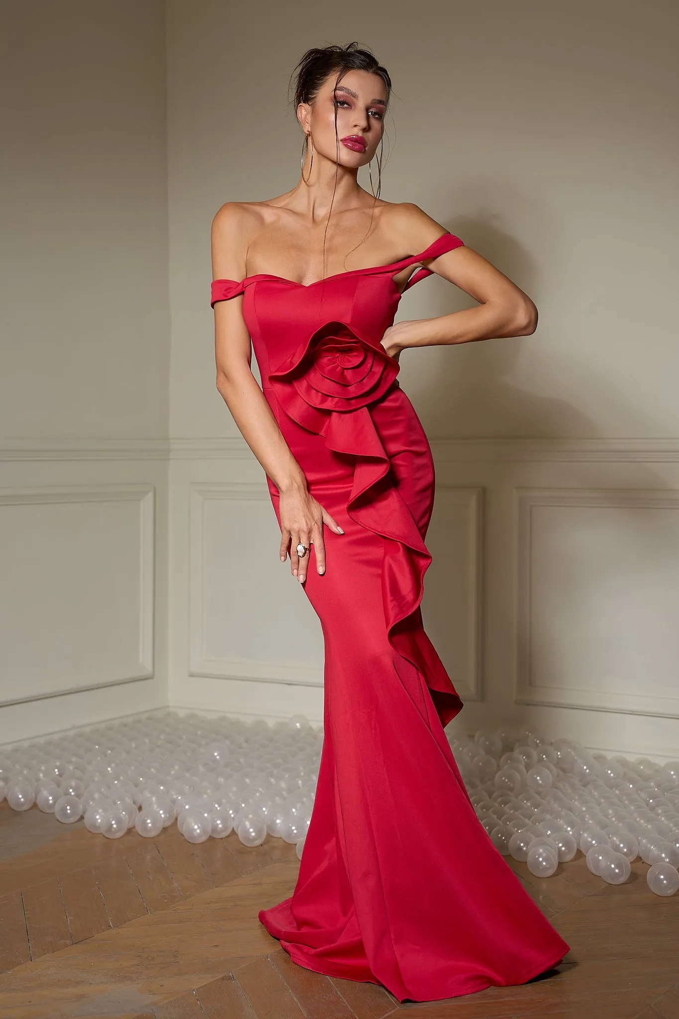 Rosette Off Shoulder Mermaid Dress