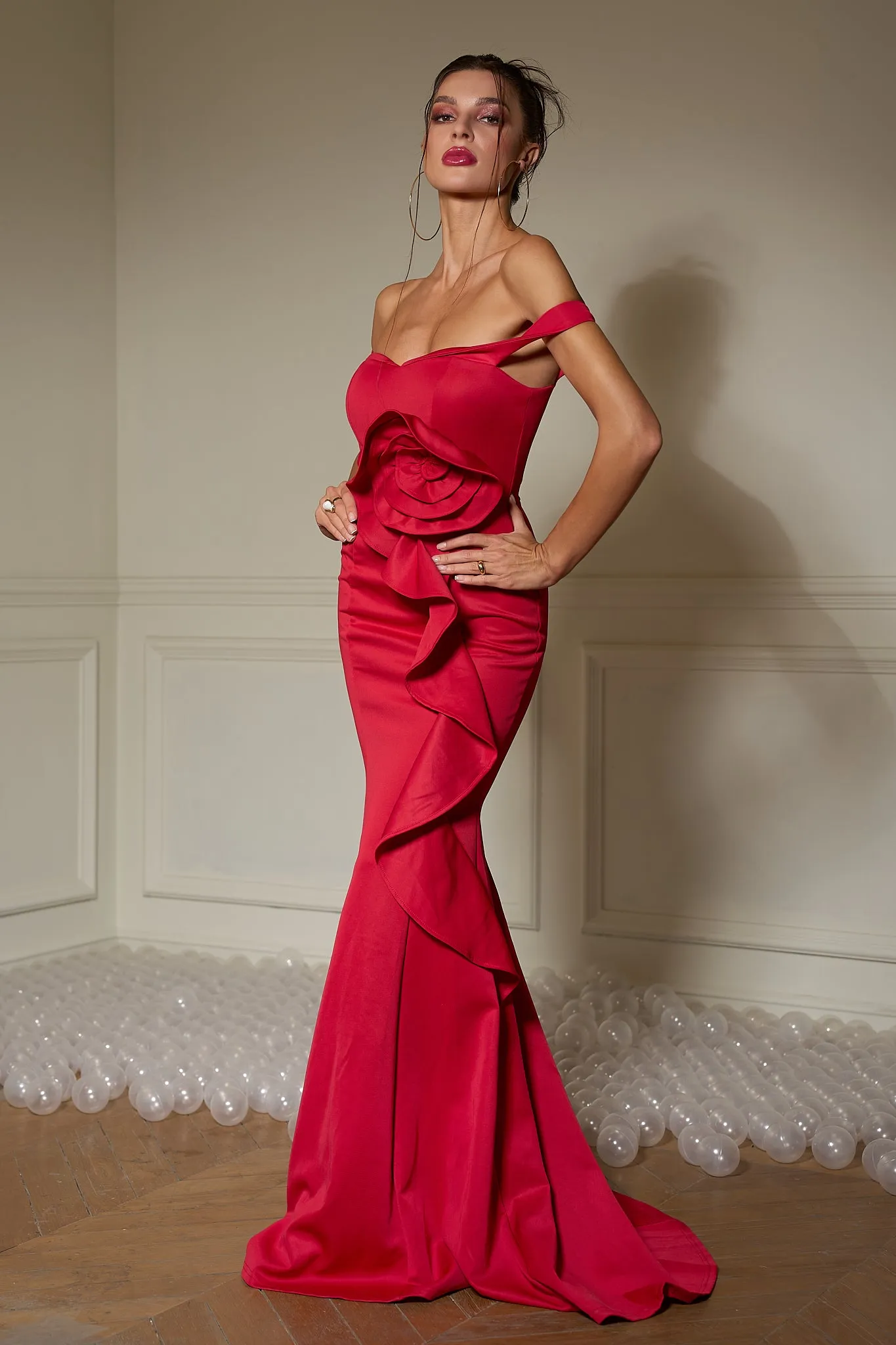 Rosette Off Shoulder Mermaid Dress