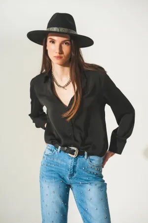Satin shirt with v neck in black