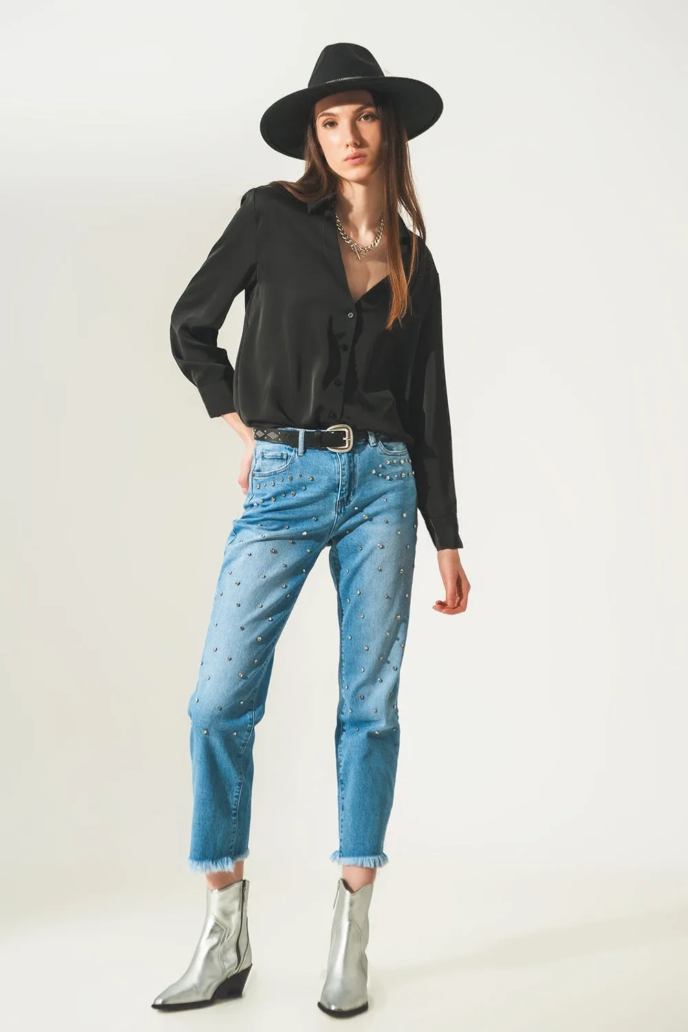 Satin shirt with v neck in black