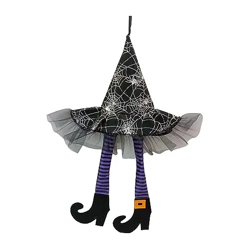 SAZ DEKOR Witch Legs Hat Hanging Sign Horror Party Ornament for Mantel Parties Bedroom Violet